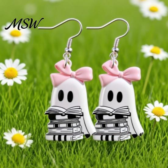 Hypoallergenic Alloy Hooks Cute Reading Ghost Earrings, Sweet Bowknot Drop Fashionable Earrings Lightweight Acrylic Halloween Jewelry for Women Girls