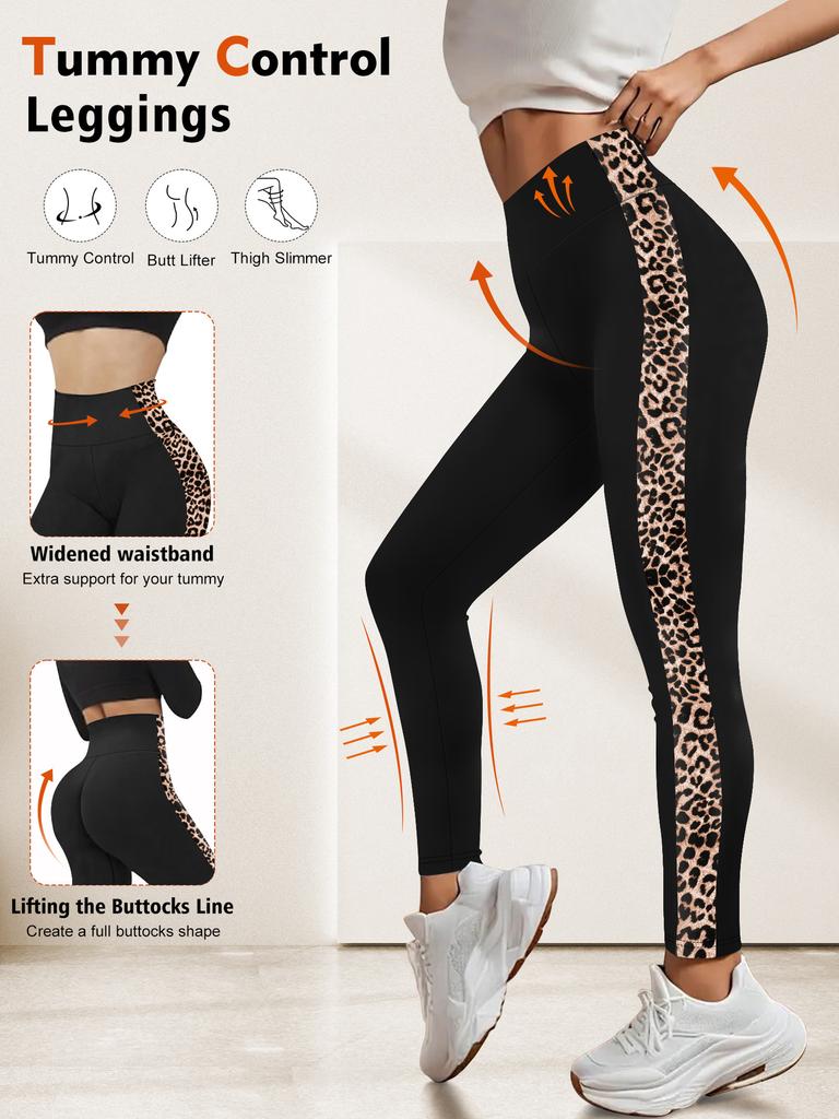 Side Leopard Print Fitness Yoga Pants Elastic Sports Cycling Casual Cropped Leggings