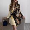 Kleid mit Blumenmuster und Umlegekragen, Taillenbetontes, elegantes Schnürkleid für Damen, langärmelige, lockere Kleider, lässiges, rückenfreies Kleid