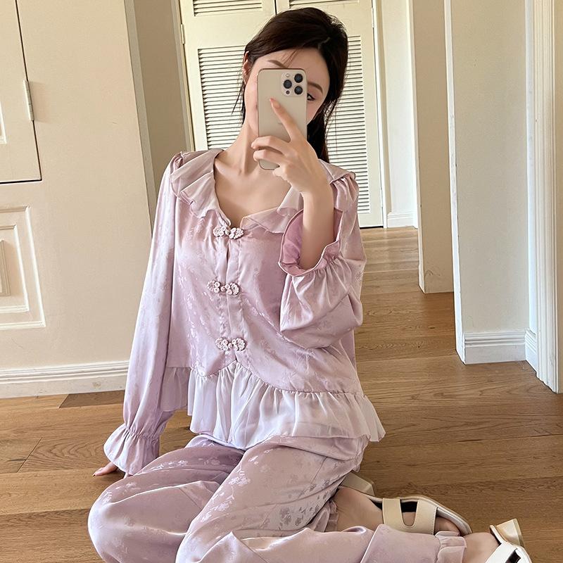 New pajamas women's spring and summer ice silk long-sleeved two-piece set sweet Chinese style high-end loungewear set