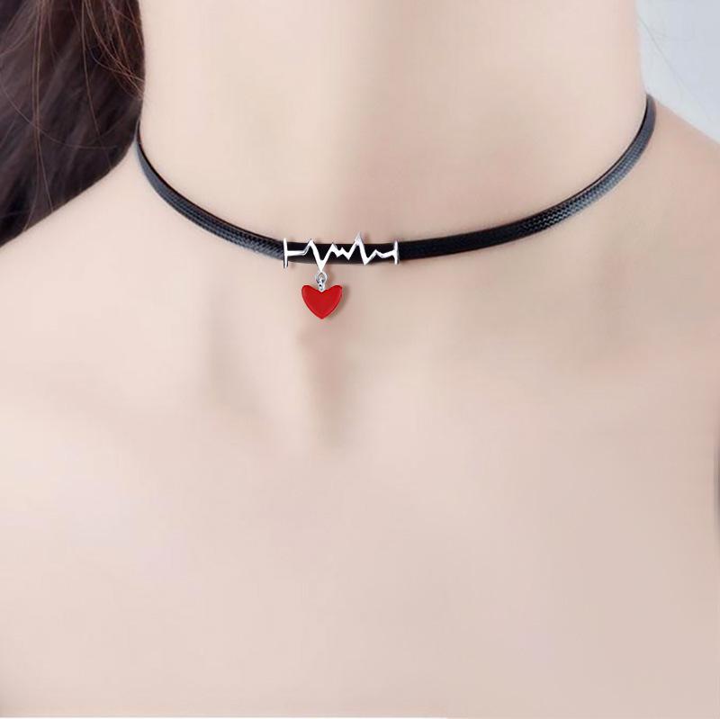 

Серебряное колье-чокер S925 с красным сердцем ЭКГ - Украшение из черной веревки для подарка на Рождество и День святого Валентина