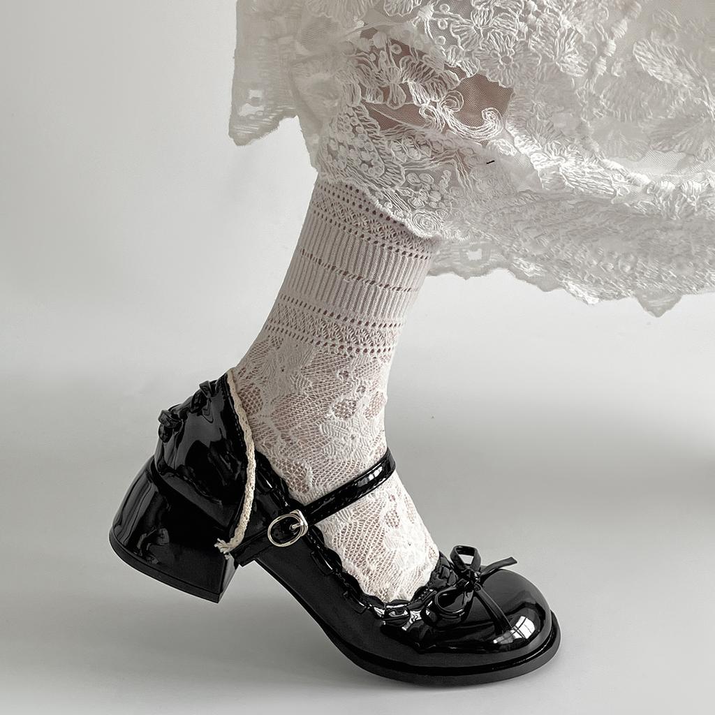 Black French Ballet Style Thick Heel Light Mouth Inner Height Increase Single Shoes Summer Skirt Mary Jane Small Leather