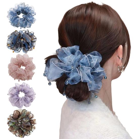 Hair Tie Beads Decor Double Layer Mesh Women Hair Rope Bun Half-Tied Hairstyles Ponytail Holder Hair Accessory