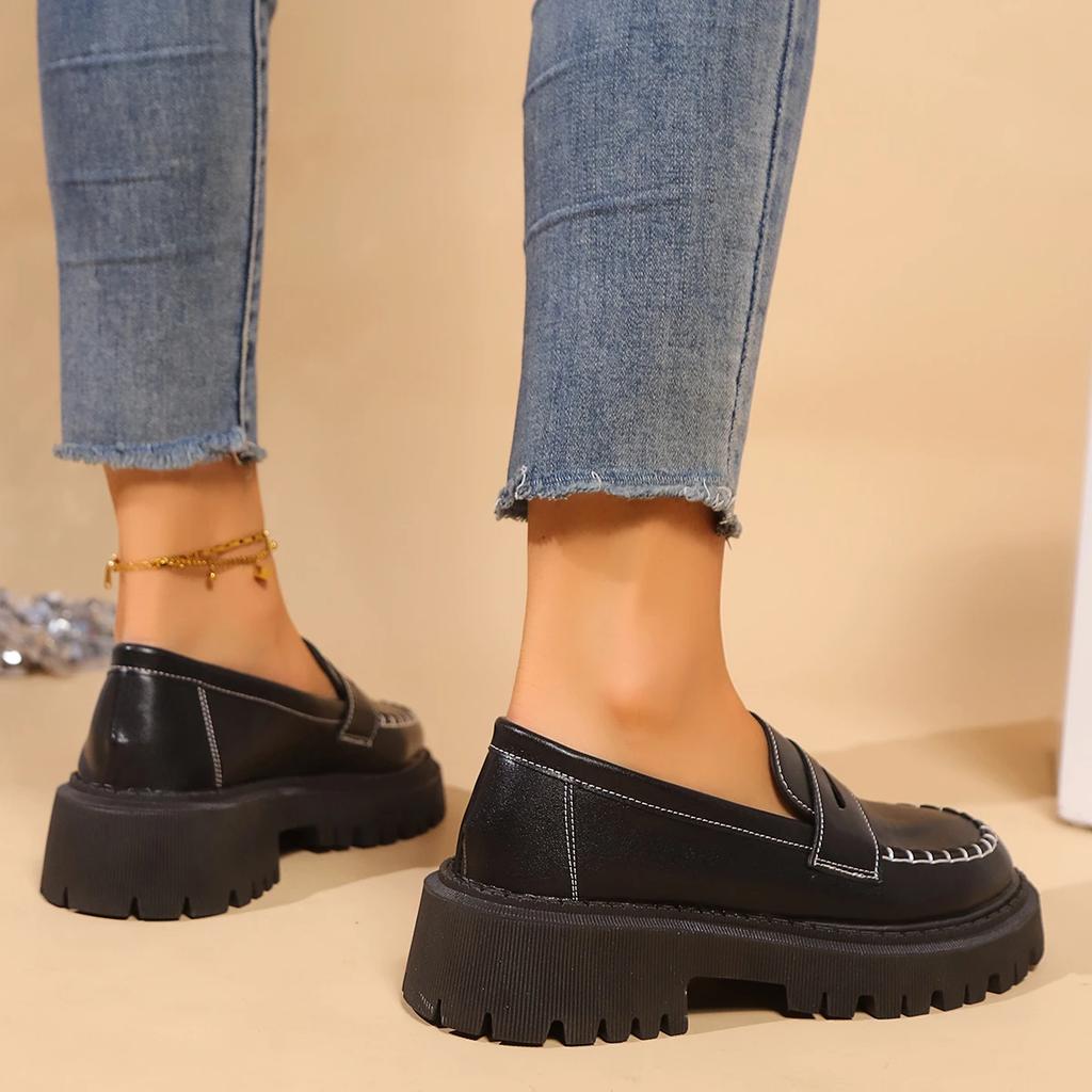 Fashion Women's Solid Color Platform Loafers Fashion Preppy Style Pu Leather Dress Shoes Woman Plus Size Comfortable Slip On Work Shoes