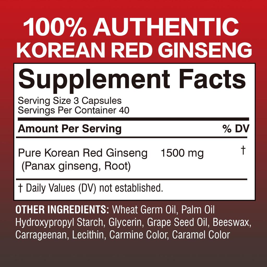 Integratore energetico al Ginseng Rosso Coreano, Migliora la concentrazione, Estratto di Radice di Ginseng ad Alta Concentrazione, 120 Capsule Vegetariane