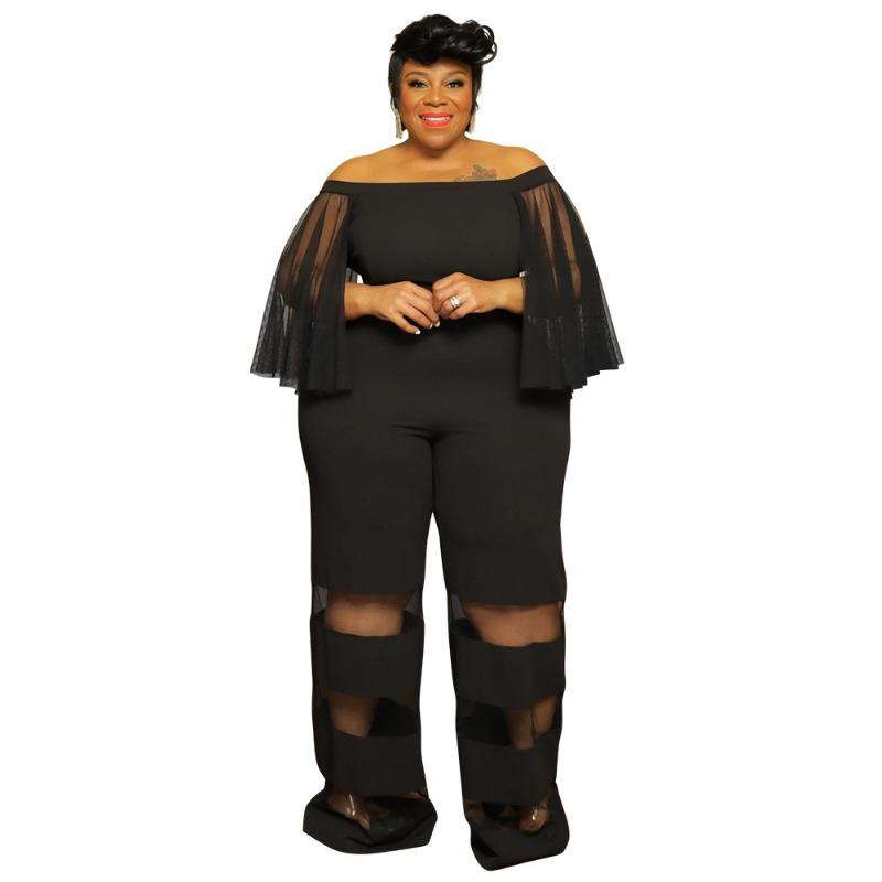 

Plus Size Off Shoulder Mesh Sleeve Wide Leg Jumpsuit L чёрный