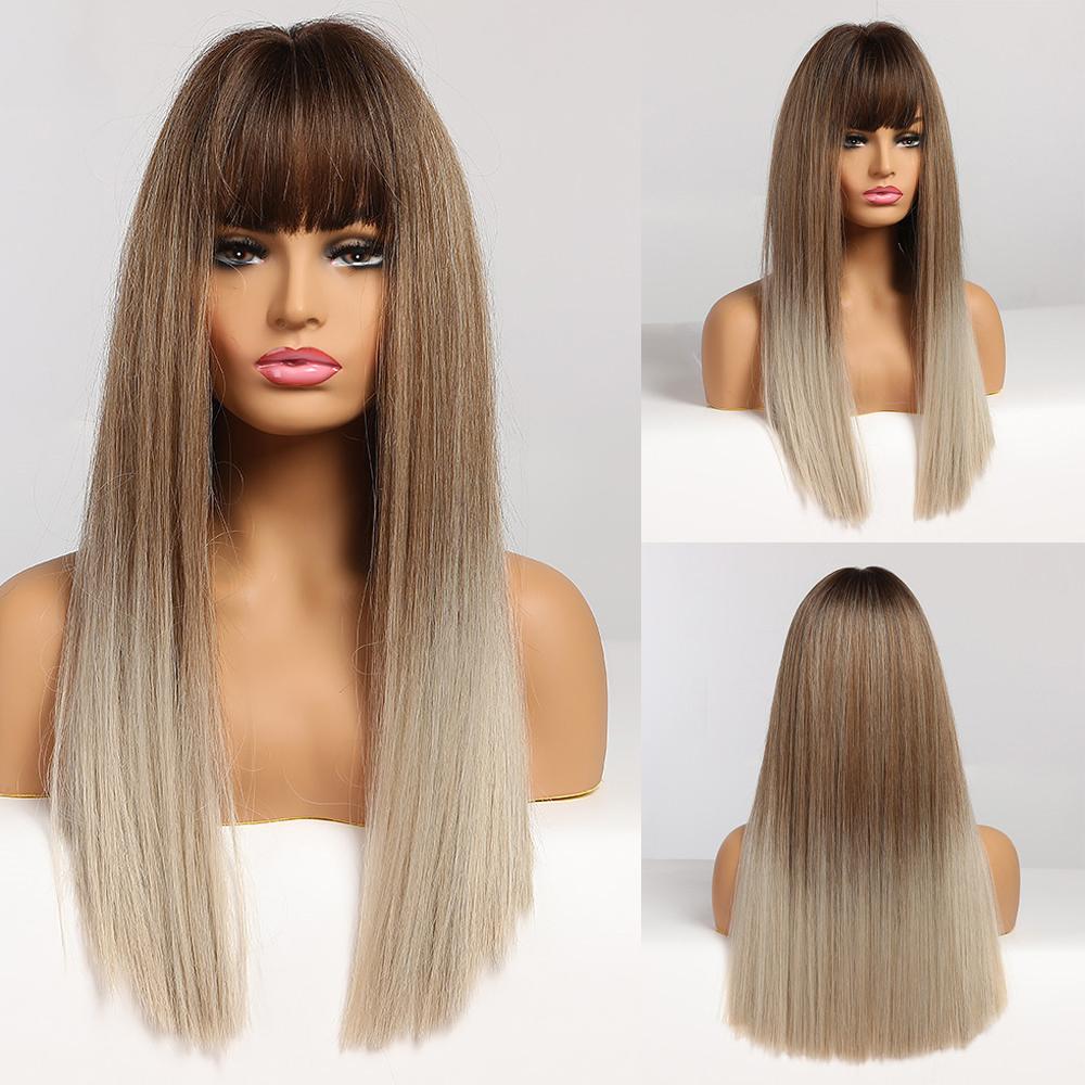 LOUIS FERRE Synthetic Long White Wigs with Bangs Cosplay Straight Wigs with Brown Highlight Natural Fake Hair for Black Women