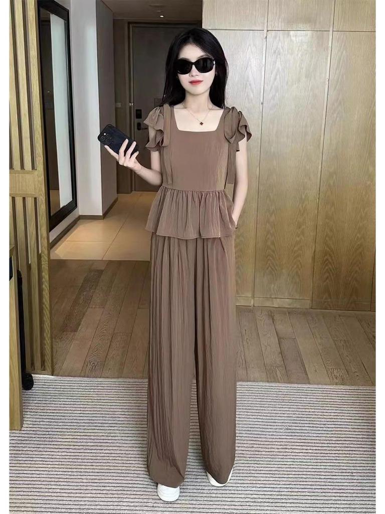 2024 Plus Size Ice Silk Women’s Stylish Summer Two-Piece Set with Wide-Leg Pants