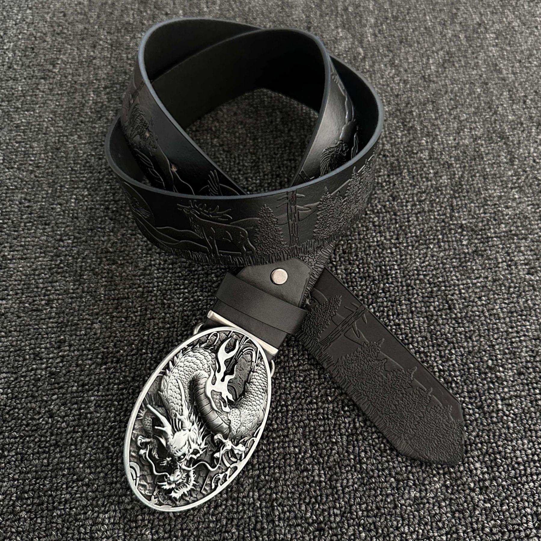Ainworth Divine Dragon Antique Board Buckle Carving Belt American Retro Jeans Belt Dressing Item