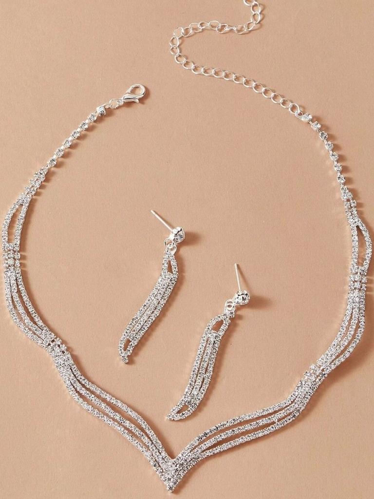 3/4PC Women's Fashion Zircon with Water Zircon Geometric Necklace Earrings Bridal Wedding Accessories