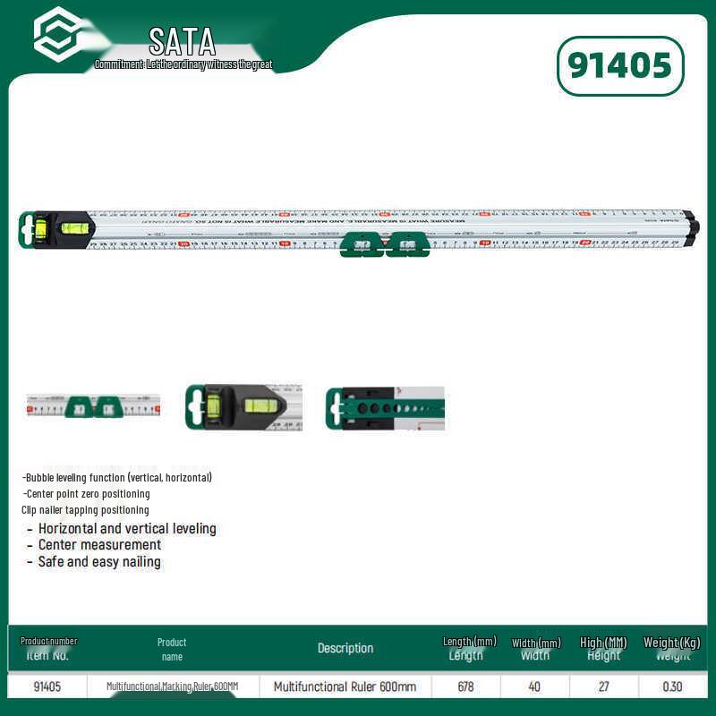 Многофункциональная прецизионная разметочная линейка SATA 91405/91415 с двусторонней шкалой и уровнем, алюминиевый сплав.