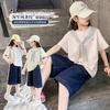 Girls' College Style Set 2026 Summer New Striped Tie T-shirt Clear Color Jeans Middle and Large Children's Two Piece Set