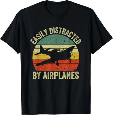 Easily Distracted By Airplanes Print T and Kids Tshirt Men Classic Warplane Graphic Crew Neck Short Sleeve Cotton Aviation Lover Tee Tops