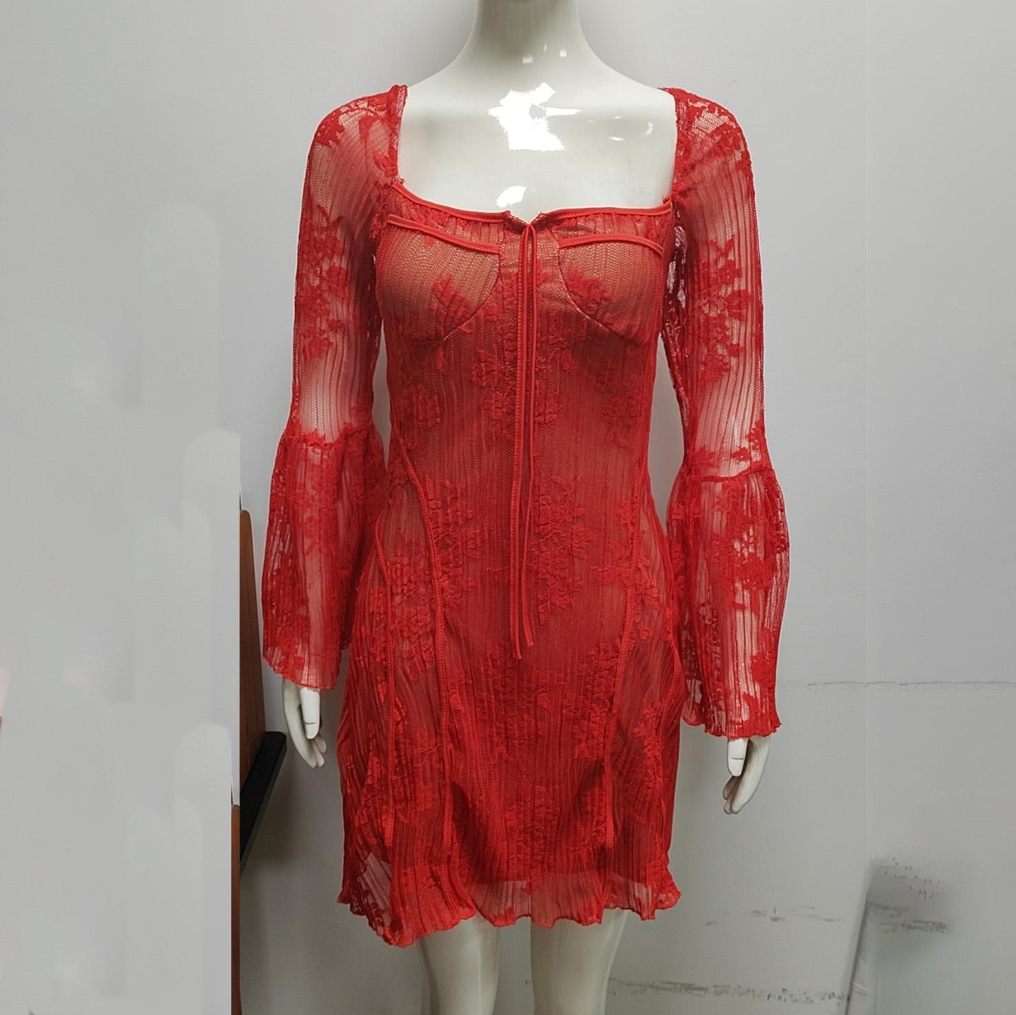 

Женские платья весна-лето с длинными рукавами, кружевные, однотонные, плиссированные, с высокой талией, с квадратным воротником, короткое платье XL