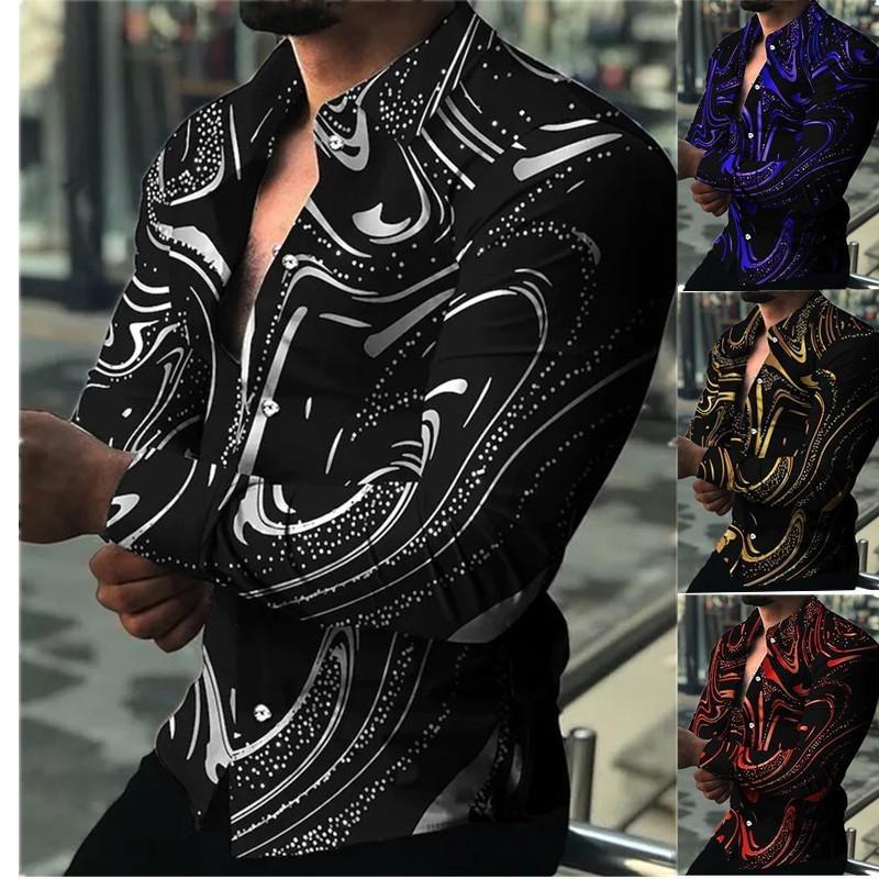 Men's Printed Long Sleeve Shirt Casual Cardigan Button High Elastic Lapel Slim Fit Spring and Autumn