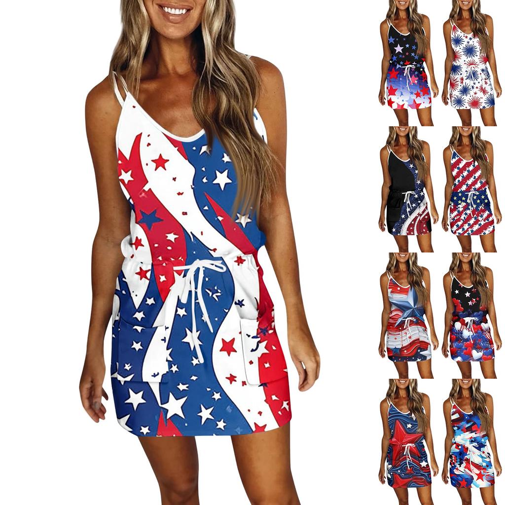 Women's Fashion Summer Independence Day Printed Loose Sleeveless Pocket V-Neck Dress