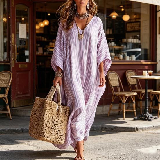 Women's Summer Striped Maxi Dress Loose Fit V-Neck 46085 Sleeve Boho Long Dress Casual