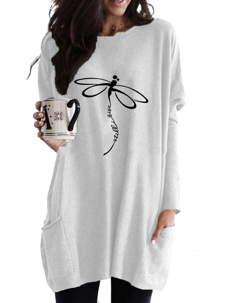 Women's Long Tunic with Pockets Loose Fit Printed Logn Sleeve Top