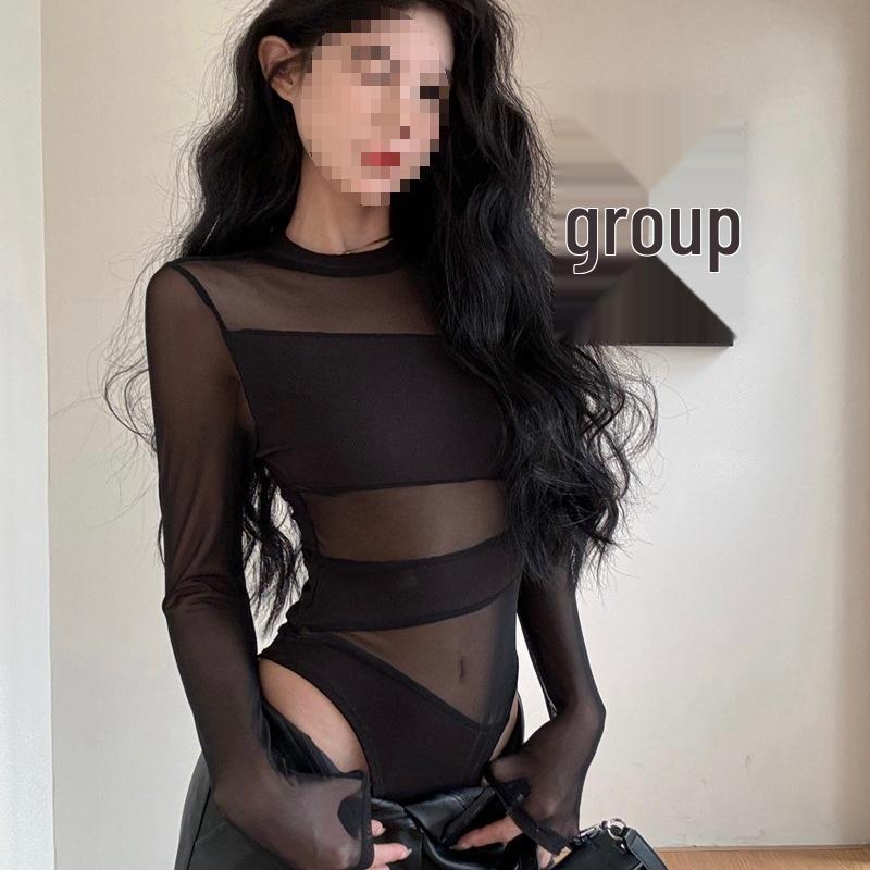

Women s Sexy Chic Mesh Long Sleeve Black Bodysuit Small