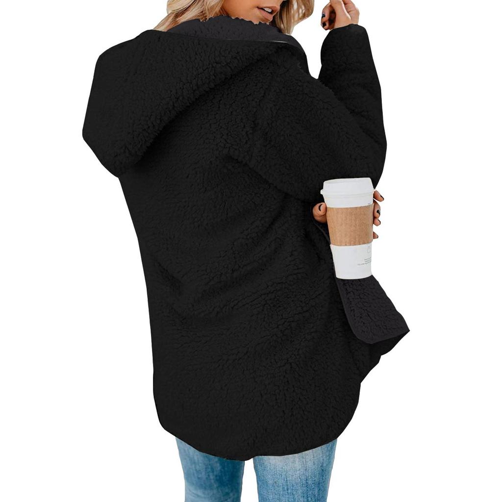 Womens Plush Jacket Oversized Jacket Coat With Pockets Open Front Hooded Fuzzy Cardigan