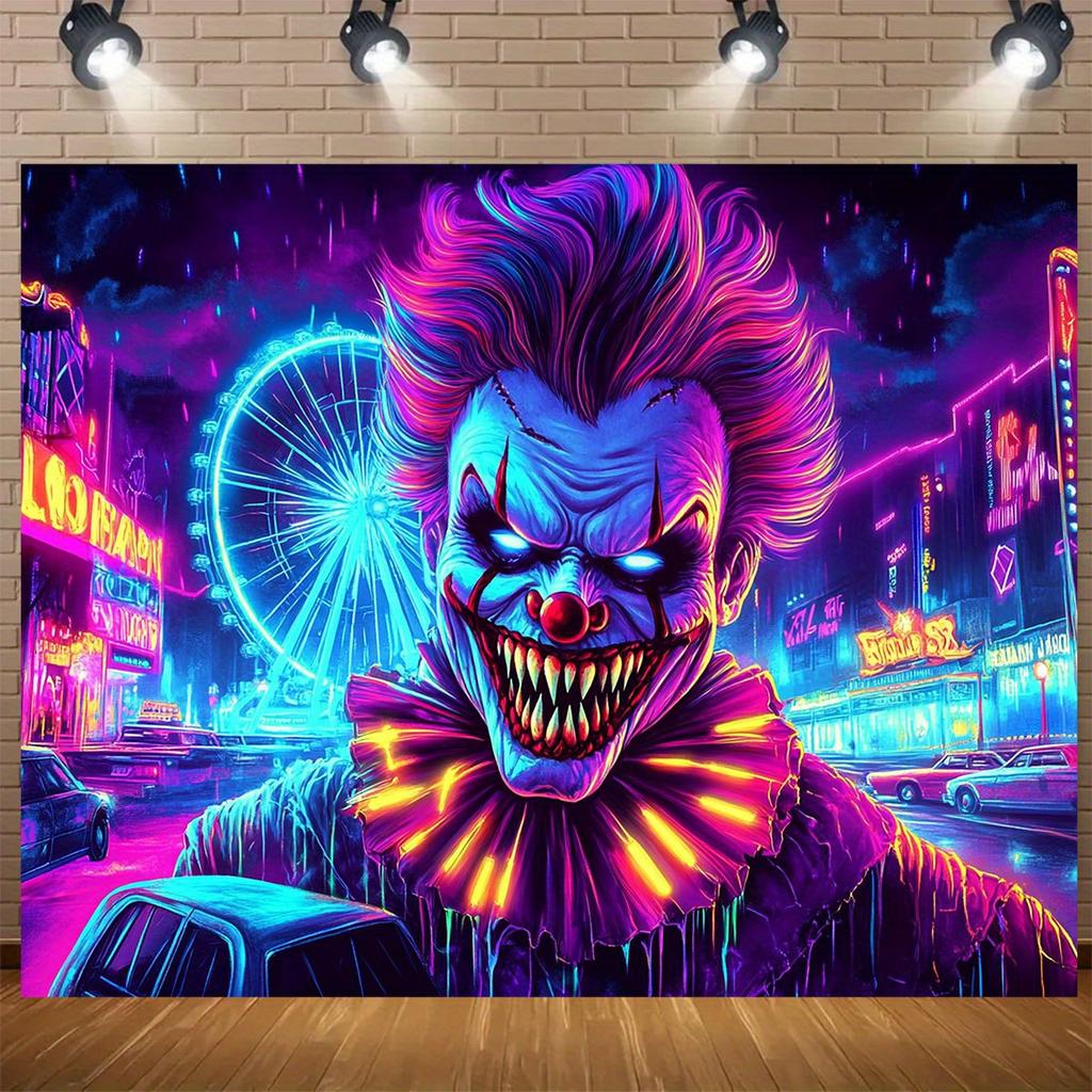A vibrant punk Clown carnival background - a neon night view featuring a Ferris wheel and vintage cars