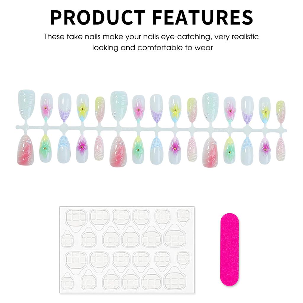 30Pcs False Nails Hand-Painted Floral Almond Artistic Design for Weddings Parties Everyday Use