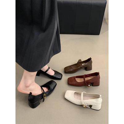 French Retro Square Head Light Mouth Single Shoes Women's Middle Heel Spring and Autumn Evening Temperament Fairy Thick Heel Mary Jane Small