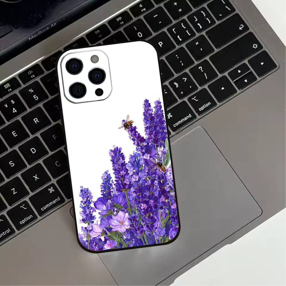 Lavender Purple Flowers Phone Case For iPhone 17,16,15,14,13,12,11 Plus,Pro Max,XS,Soft Silicone Black Cover