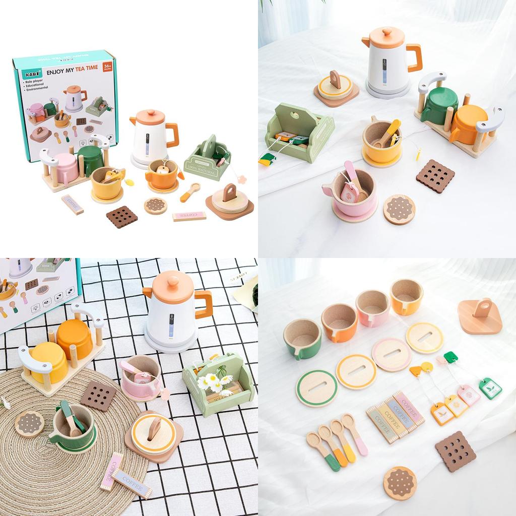 Kitchen Wooden Toy Tea Set With Realistic Accessories For Kids Educational Play