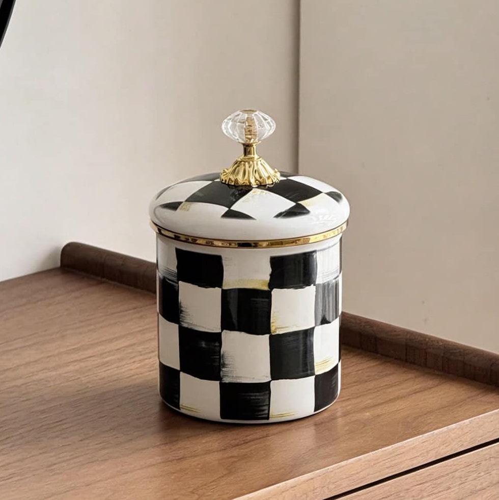 Checkered Black & White Enamel Kettle with Diamond Lid, Wooden Handle, Angled Spout, 2L Capacity - Classic All-Season Teapot
