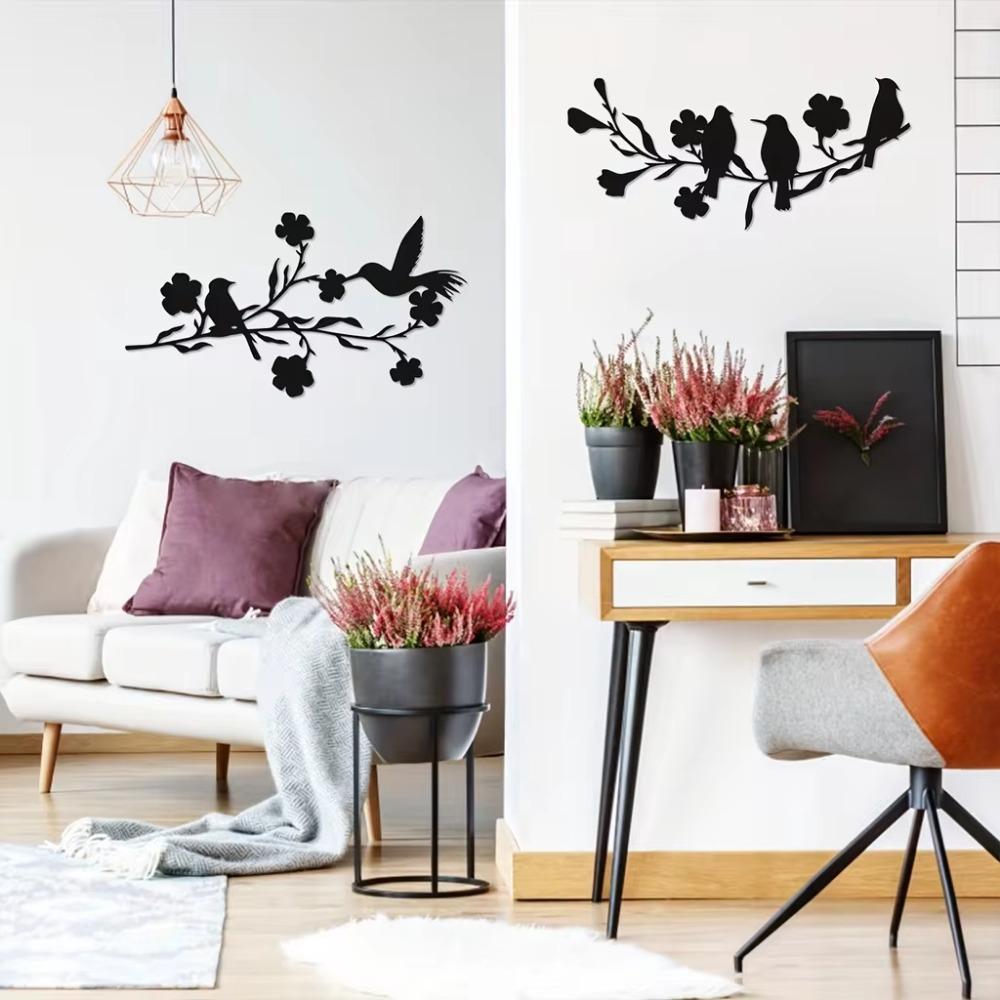 1pc Stunning Metal Birds Wall Art Black Leaves and Flowers Decor for Home and Garden, Indoor and Outdoor Branch Sculpture