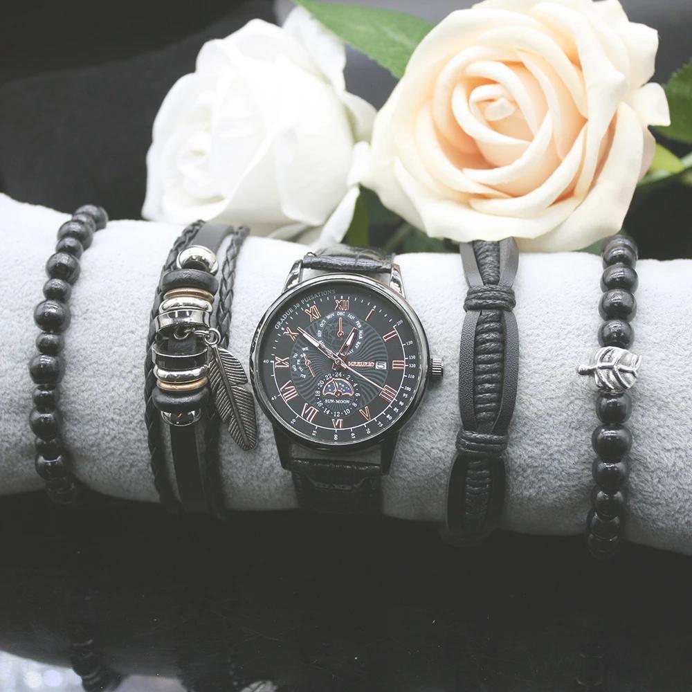 5pcs Set New In Bracelets Simple Light Luxury Quartz Watch Fashion Casual Bead Bracelet for Office Worker Hand Decoration