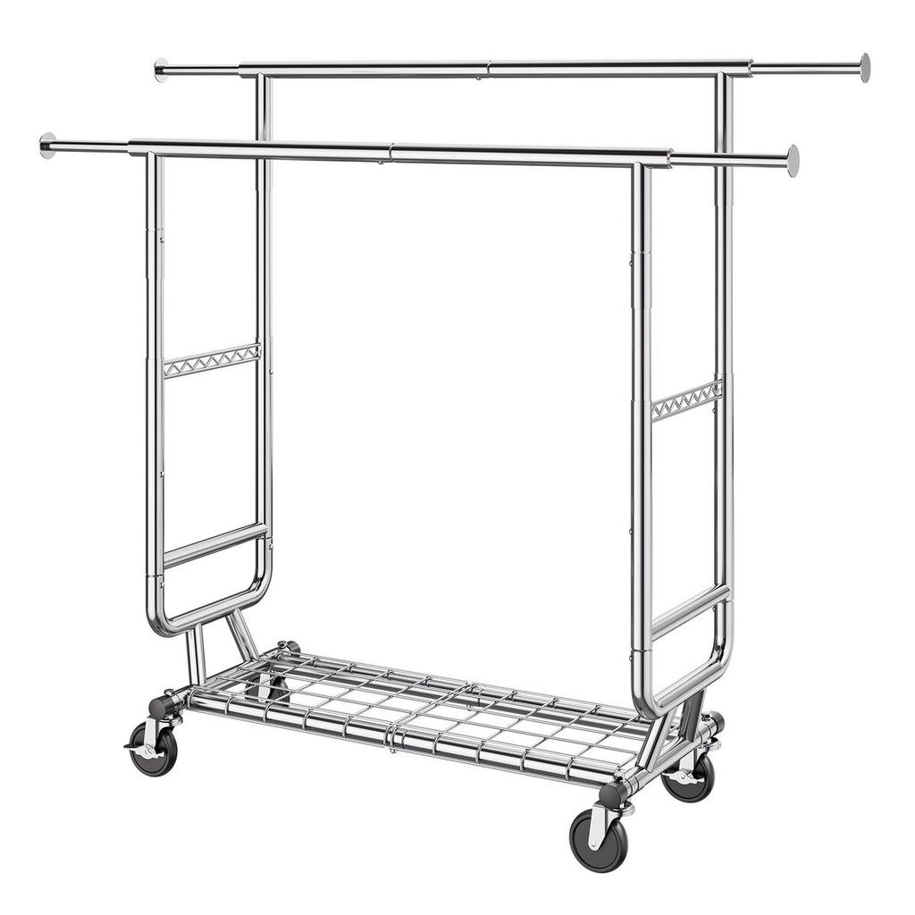 Heavy Duty Clothes Rack, Double Hanging Rod Clothing Garment Rack for Hanging Clothes, Adjustable Height and Extendable Length Clothing Rack with