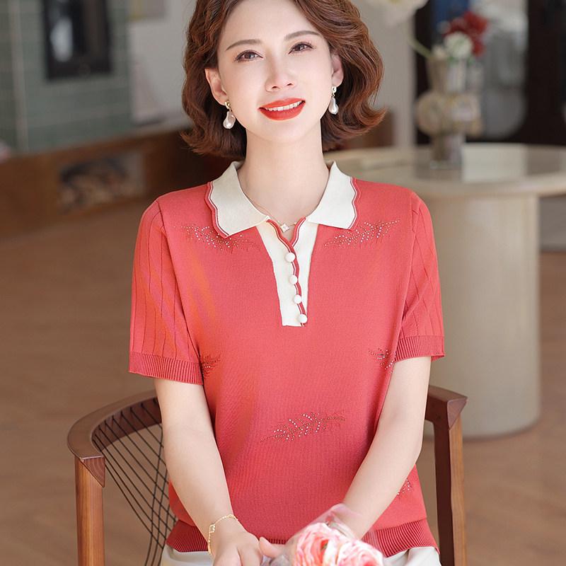 

Mom s Summer Ice Silk Lapel Blouse - Stylish Short-Sleeved Top for Middle-Aged & Elderly Women 2XL (125-135 Jin)