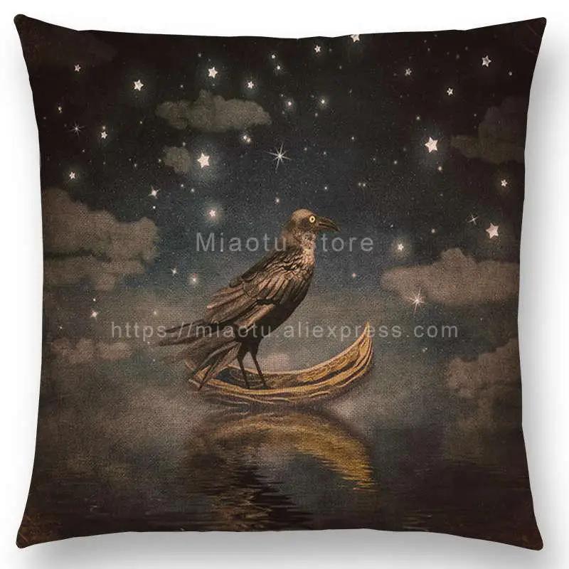 Latest Mysterious Imagine Animals Cushion Cover Forest Raven Fantasy Clouds Sky Moon Stars Earth Dream Girl Prints  Pillow Case