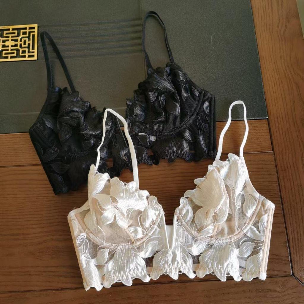 French Lace Flowers Embroidery Bra Set Sexy Deep V Push Up Bras Women Ultra Thin Underwear With Thongs Set Breathable Lingerie