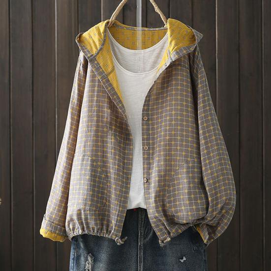 Women Spring Autumn Coat Hooded Drawstring Hem Long Sleeve Printing Loose Zipper Closure Jacket with Pockets Daily Wear Commuting Outerwear