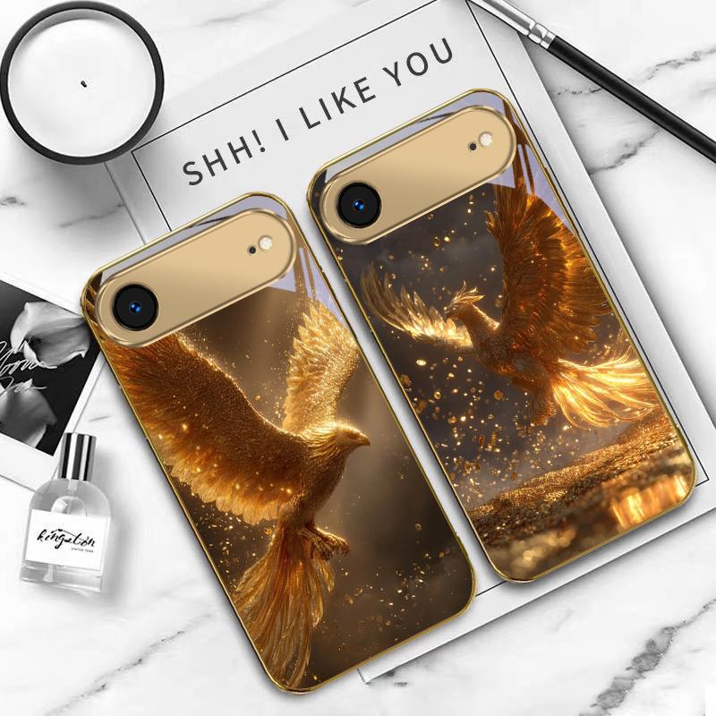 Luxurious Golden Bird For IPhone 17Pro Max 16 17 Pro 15 Pro 14 13 Plus 12 Mini 11Pro Max XR 16E 17Air Golden glass phone case