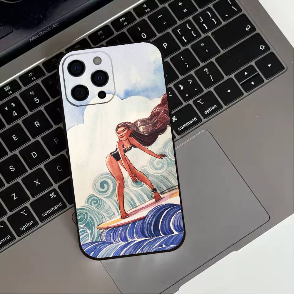 Surfboard Surfing Art Surf Girl Phone Case For iPhone 17,16,15,14,13,12,11 Plus,Pro Max,XS,Soft Silicone Black Cover