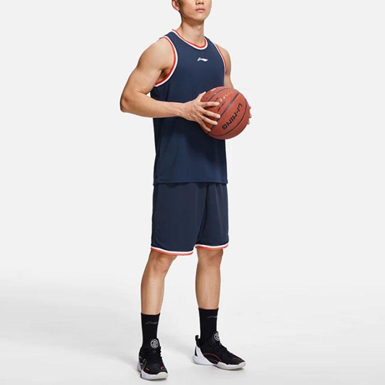 Li-Ning Professional Basketball Series Logo Print Striped Round Neck Vest Shorts Basketball Set Men Basketball Set Blue AATS003-1