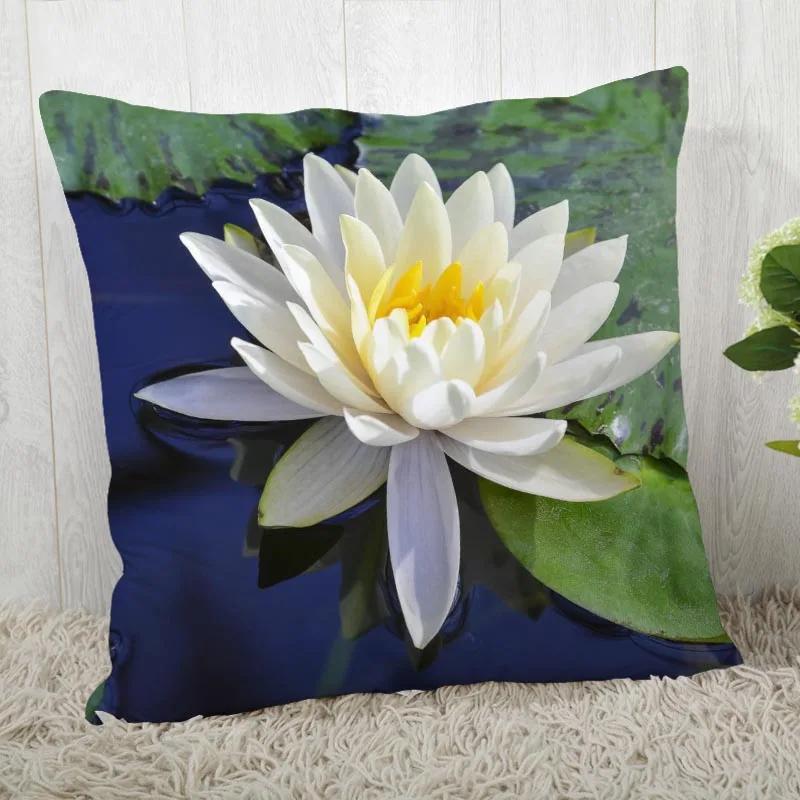 New Lotus Pillow Cover Bedroom Home Office Decorative Flowers Pillowcase Square Zipper Pillow Cases Satin Soft No Fade