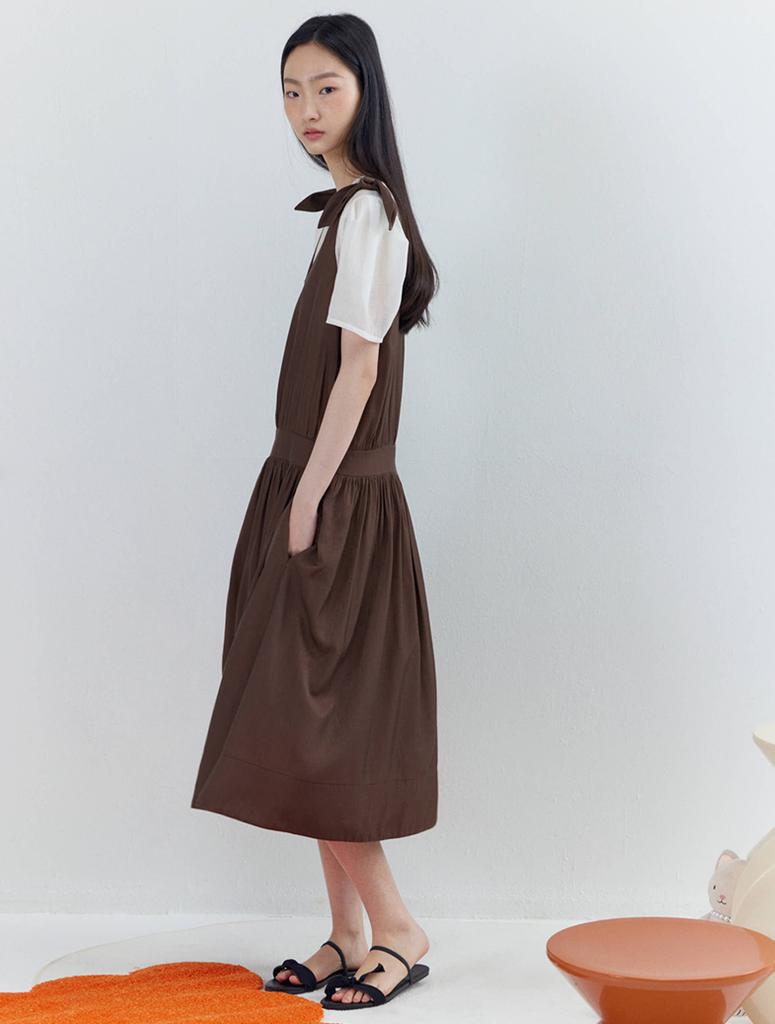 Opening Sunshine Ribbon Shoulder Shirred Sleeveless Dress Brown