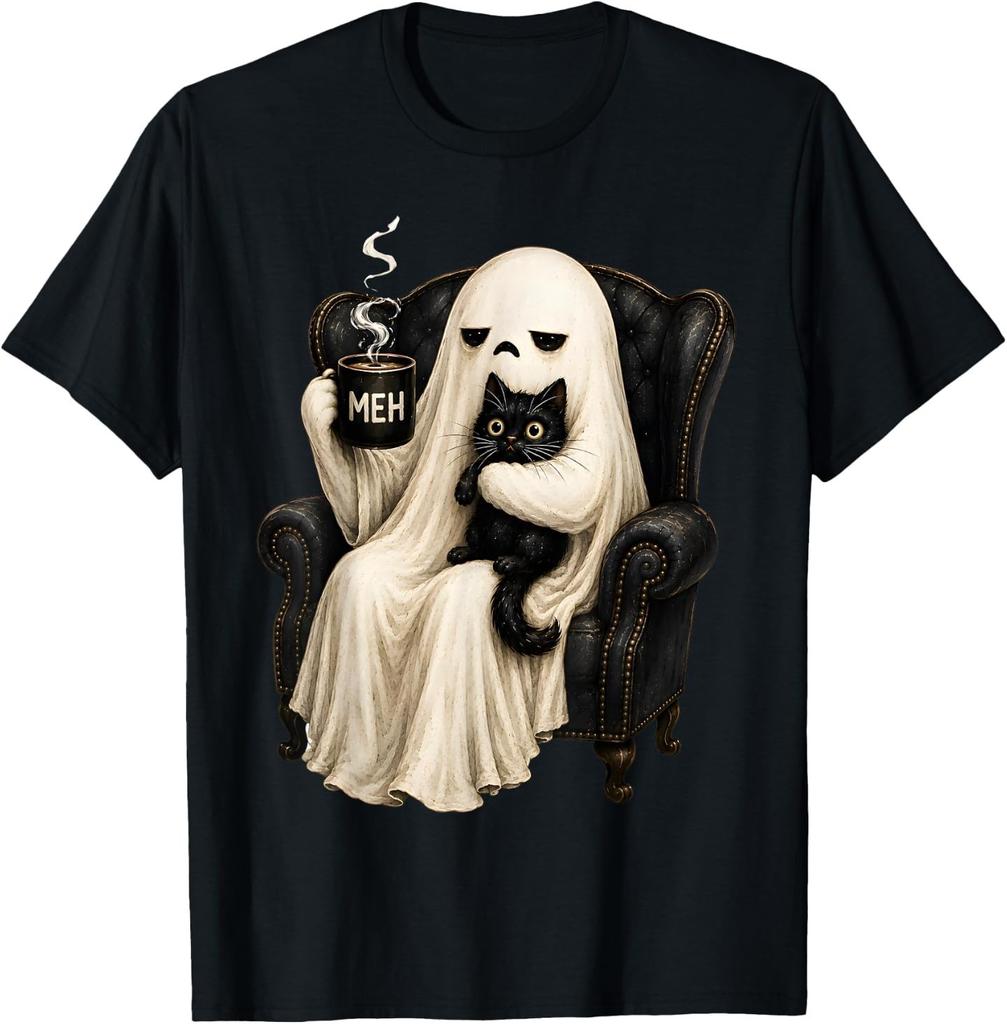 Retro Funny Boojee Ghost Holding Black Cat Cozy Hot Latte T-Shirt