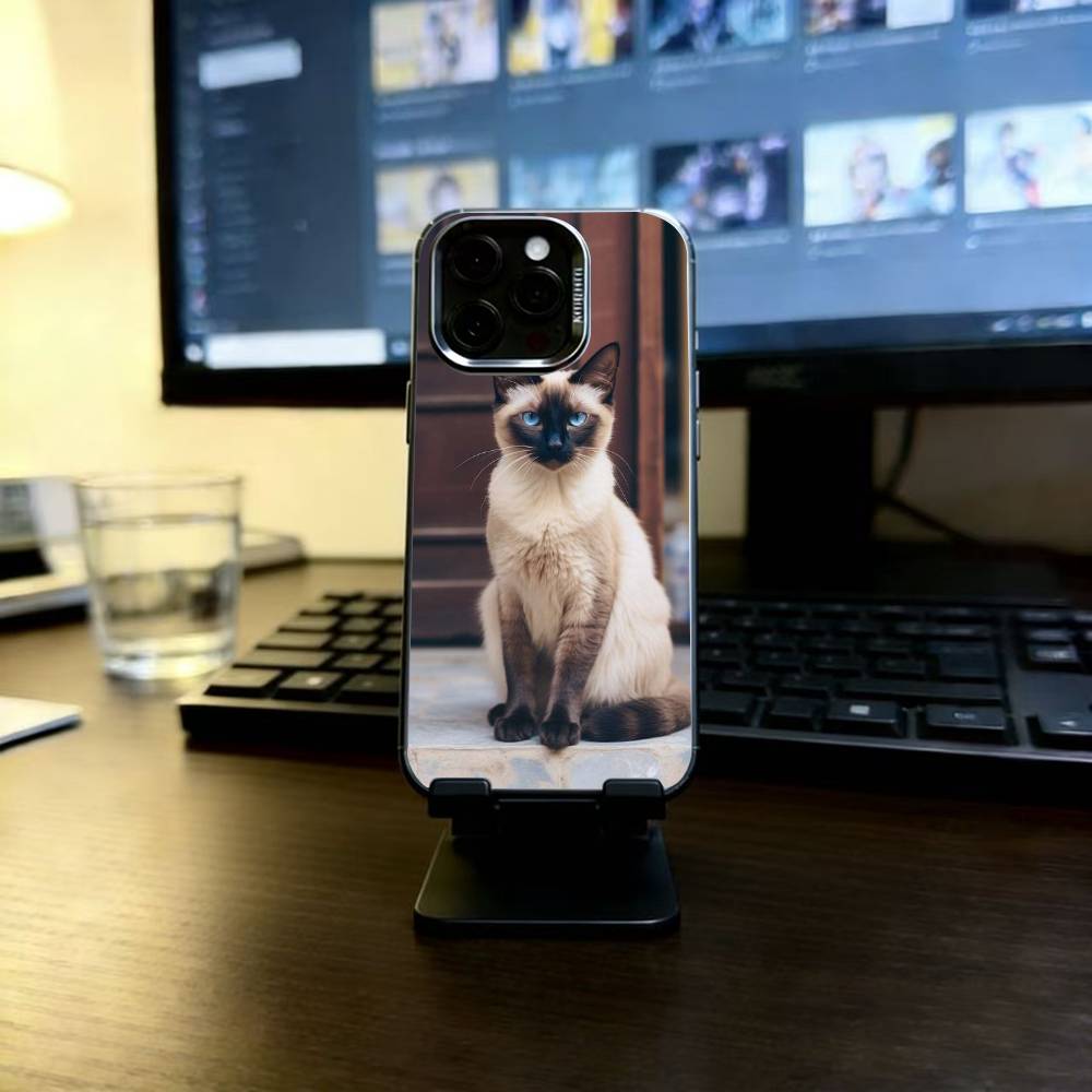 S-Siamese Cat Cute Phone Case For iPhone 17,16,15,14,13,12,11 Plus,Pro Max,XS,Colored Silver Plated Inside Cover