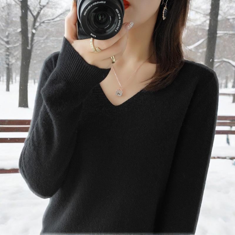 Jednobarevný pletený spodní svetr s výstřihem do V, tenký svetr, westernový styl, vnitřní vrstva