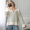 Sweaters Women Fashion Stripe Loose Zipper Knitting Sweaters Vintage Long Sleeve Female Pullover