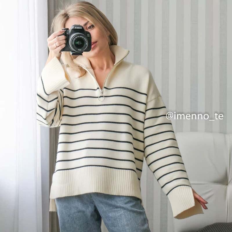 Sweaters Women Fashion Stripe Loose Zipper Knitting Sweaters Vintage Long Sleeve Female Pullover
