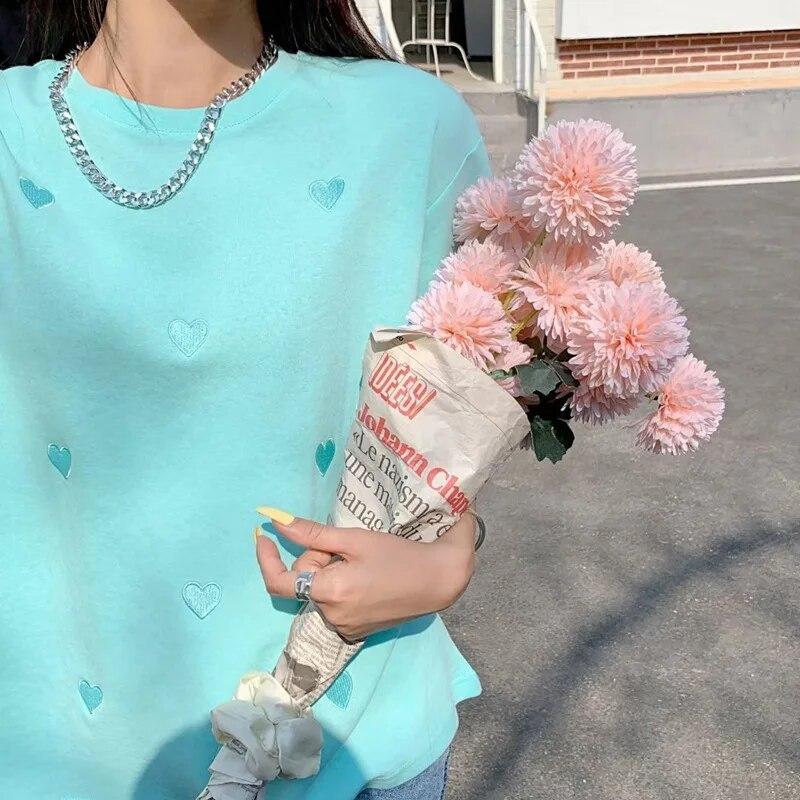 2024 Summer Harajuku T-shirts Love Embroidery Sweet Women Casual T-Shirt Korean Short Sleeve Loose T Shirt Female White Tops Y2k Streetwear