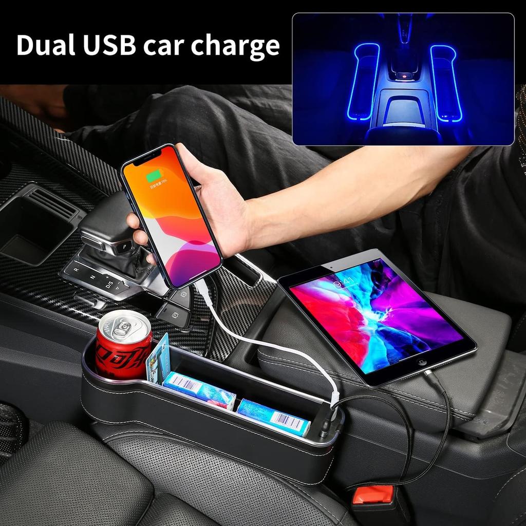 Riempitivo Fessura Sedile Auto Portabicchieri LED Cambia Colore 7 Colori Scatola Organizer Portaoggetti Fessura Auto Con Caricatore 2Usb Accessori Auto