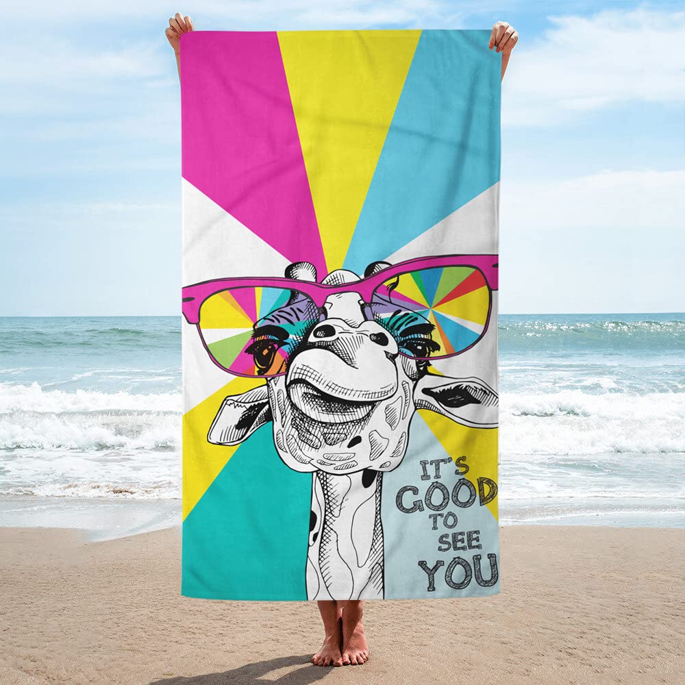 Microfiber Beach Towel Funny Giraffe with Palm Tree Sunglassea Drink Watermelon Juice Towels, Quick Dry Cool Bath Towel for Swim